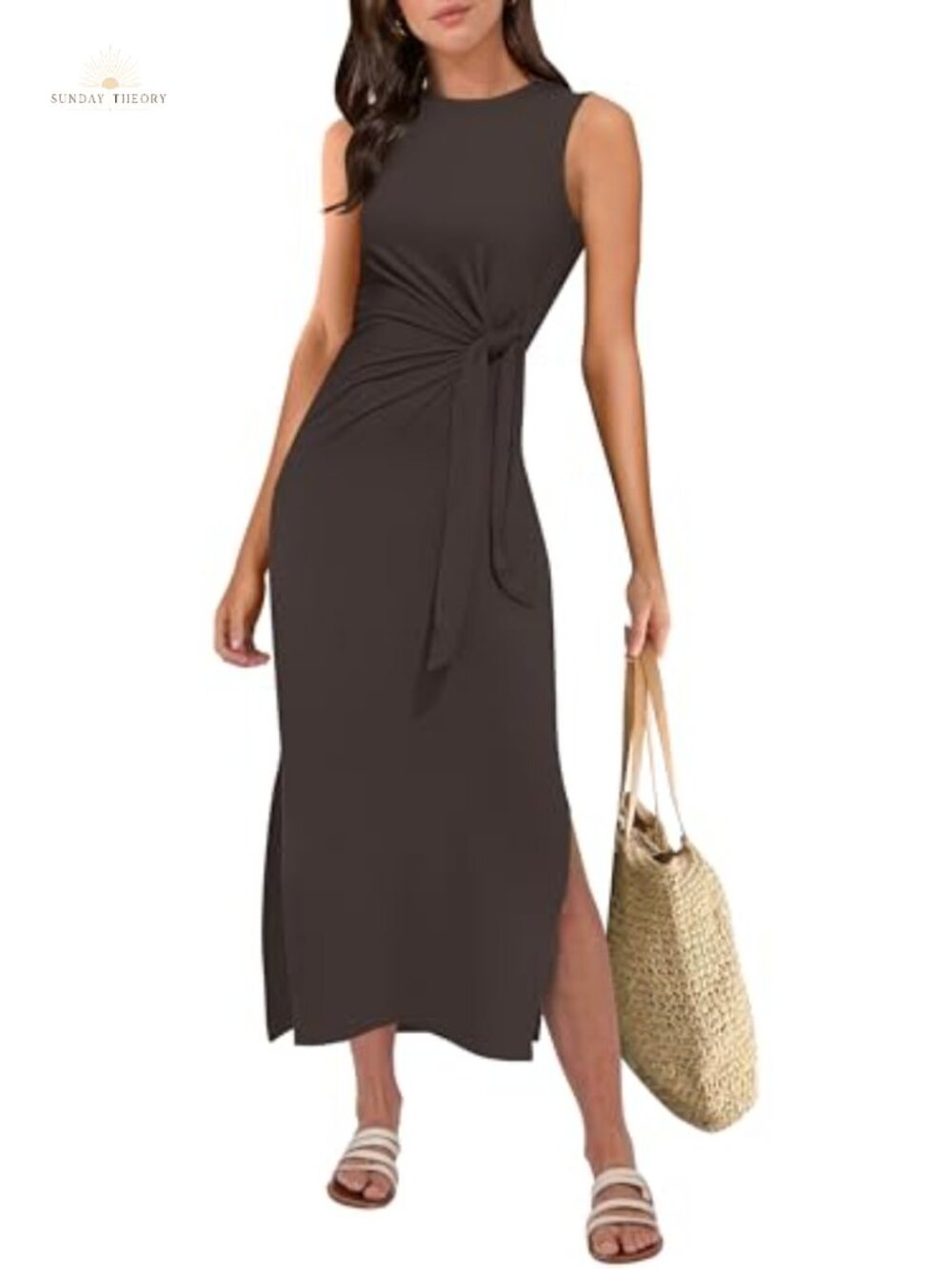 Women's Sleeveless Midi Tank Dress Tie Waist Slim Fit